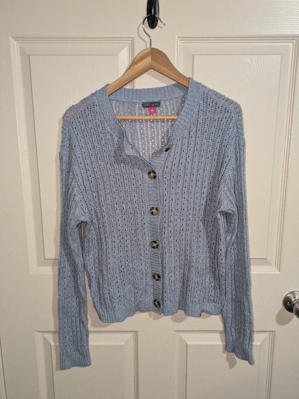 Vince Camuto Button Front Pointelle Knit Cardigan Women's L Light Blue